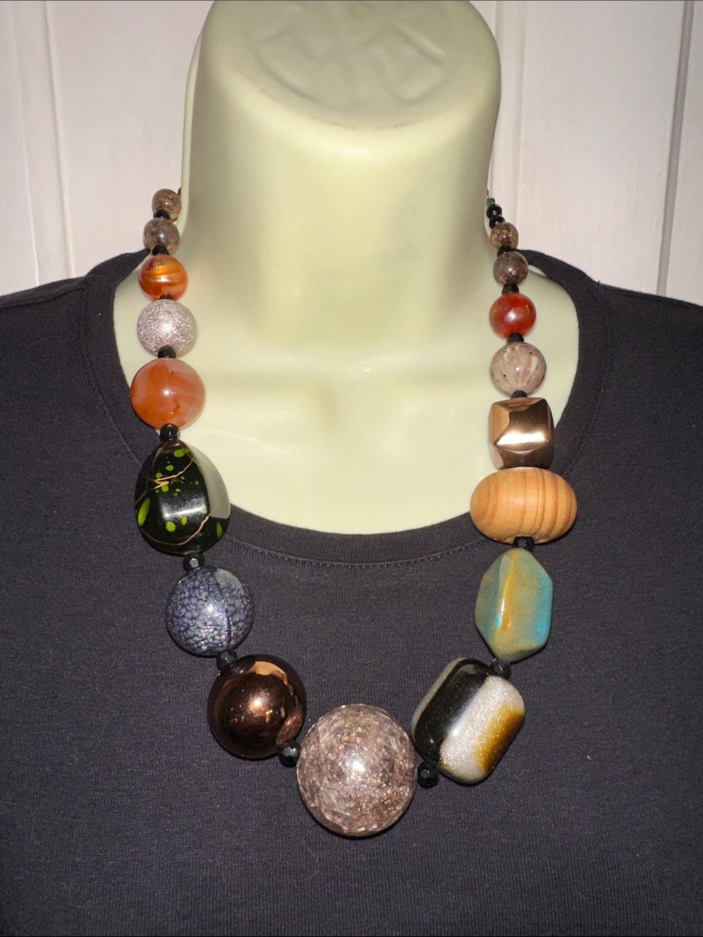 You and I Chunky Mixed‎ Bead Statement Necklace in Brown, Black & Orange